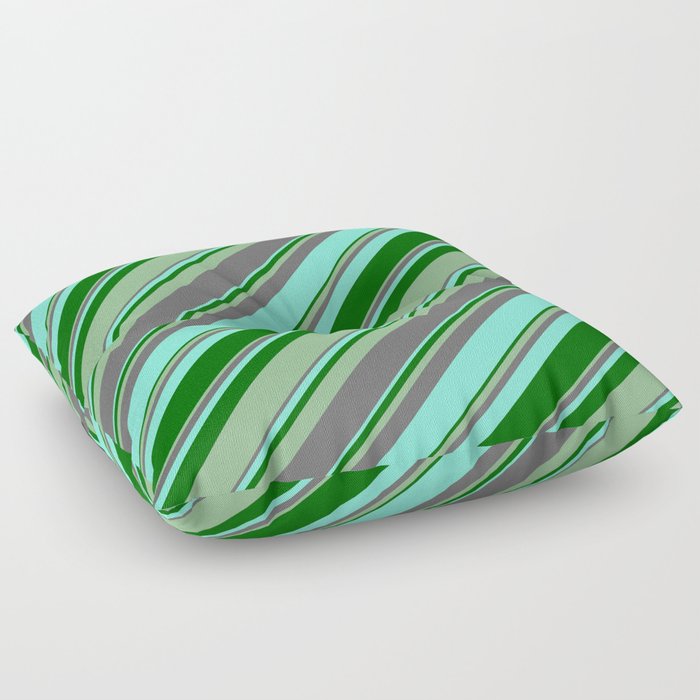 Dim Gray, Aquamarine, Dark Green, and Dark Sea Green Colored Lines/Stripes Pattern Floor Pillow