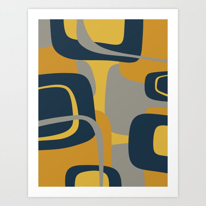 Midcentury Modern Abstract 2 in Mustard, Navy Blue, and Gray Art Print