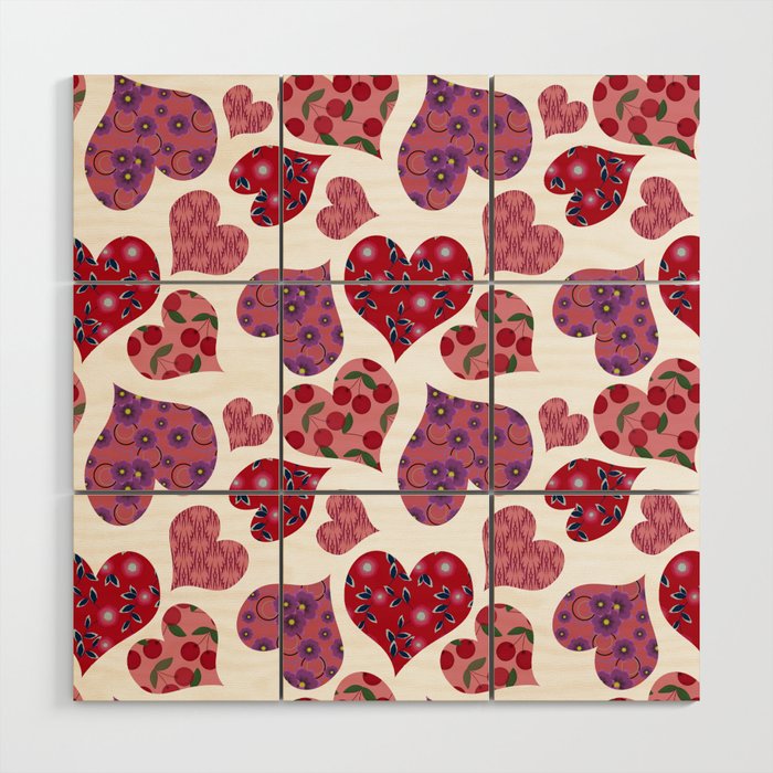 Seamless pattern with hearts with floral ornament Wood Wall Art