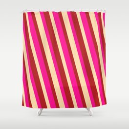 [ Thumbnail: Deep Pink, Tan & Red Colored Lined/Striped Pattern Shower Curtain ]