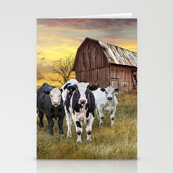 Cattle in the Midwest with Barn and Tractor at Sunset Stationery Cards