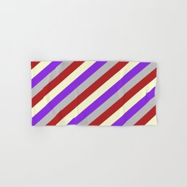 [ Thumbnail: Red, Light Yellow, Purple & Grey Colored Lined/Striped Pattern Hand & Bath Towel ]