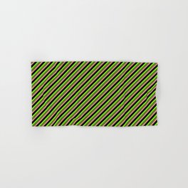 [ Thumbnail: Dark Olive Green, Dark Salmon, Black & Chartreuse Colored Striped Pattern Hand & Bath Towel ]