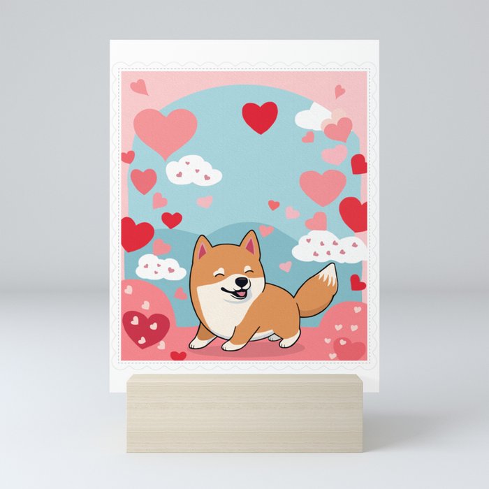 Cute Kawaii Valentine's Day Shiba Inu with Sky and Hearts Mini Art Print