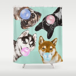 Playful Doggie Bubble Gum Gang in Green Shower Curtain