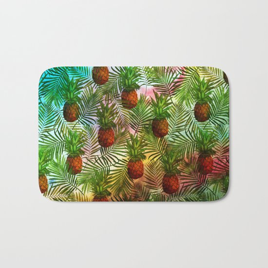 Pineapples - Tropical fruit watercolor illustration pattern Bath Mat