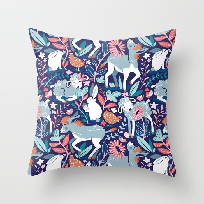 Spring Joy // navy blue background pale blue lambs and donkeys coral and teal garden Throw Pillow