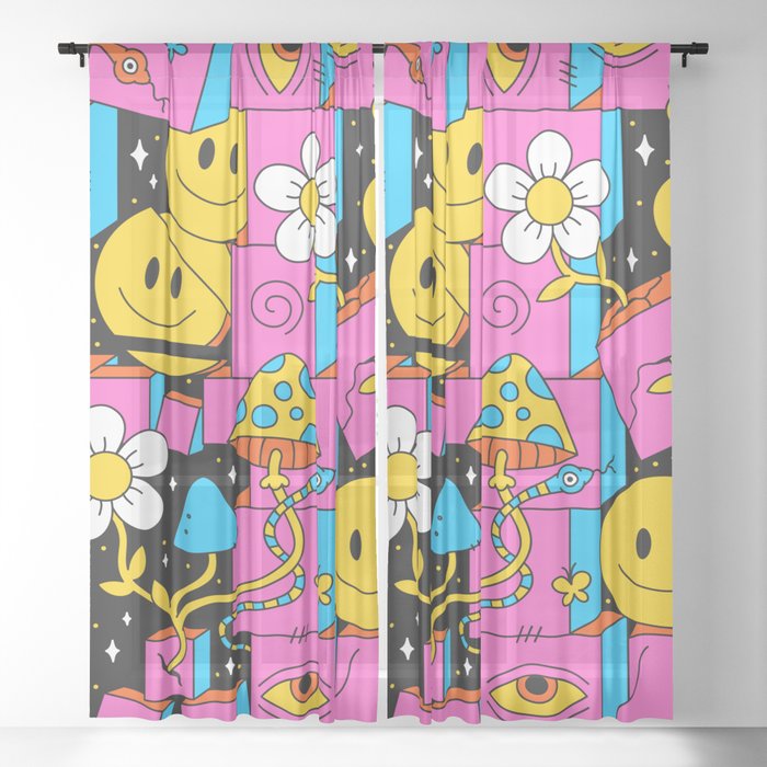 Pink Trippy Eye Blocks With White Flowers, Smileys and Mushrooms Sheer Curtain
