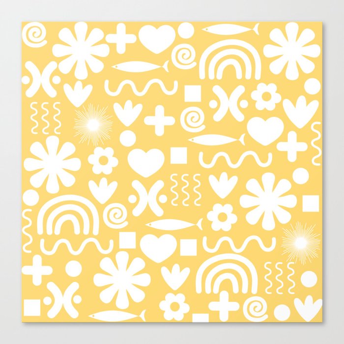 Natural Miscellany Pattern in Light Lemon Yellow and White Canvas Print