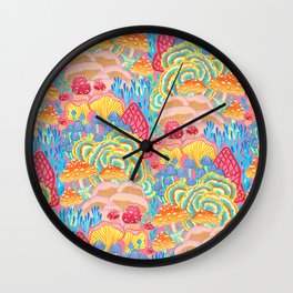Fungi World (Mushroom world) -PINK Wall Clock | Forest, Colorful, Plant, Blossom, Fungus, Botanical, Painting, Fungi, Stylish, Autumn 