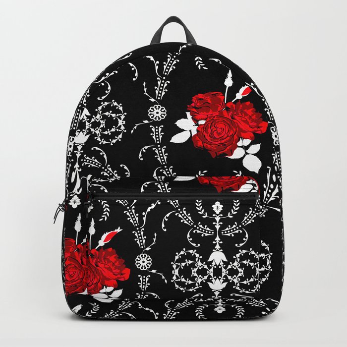 black backpack with red roses