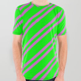 [ Thumbnail: Lime and Orchid Colored Striped Pattern All Over Graphic Tee ]