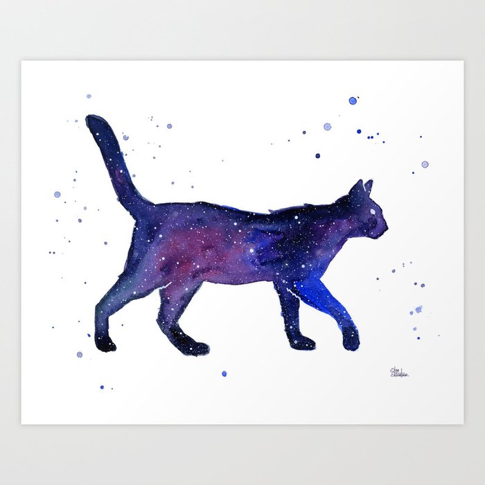Space Cat Watercolor Art Print