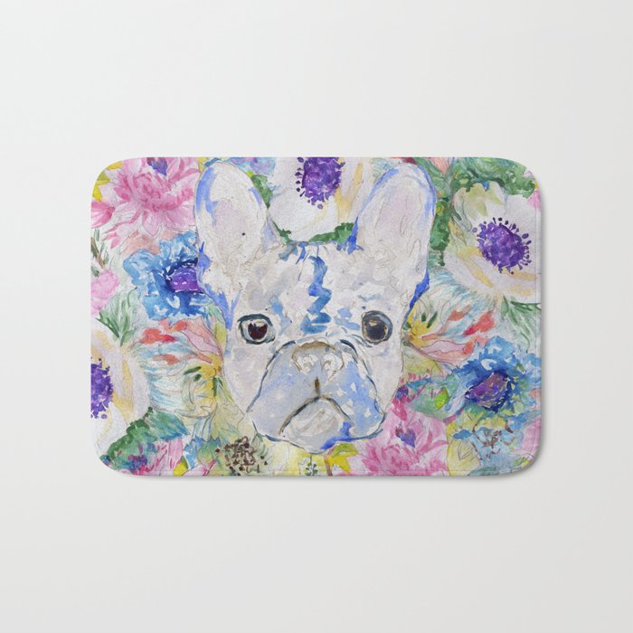 Abstract French Bulldog Floral Watercolor Paint Bath Mat By