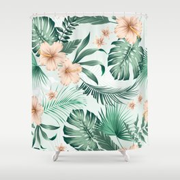 Seamless pattern with tropical leaves and hibiscus flowers  Shower Curtain