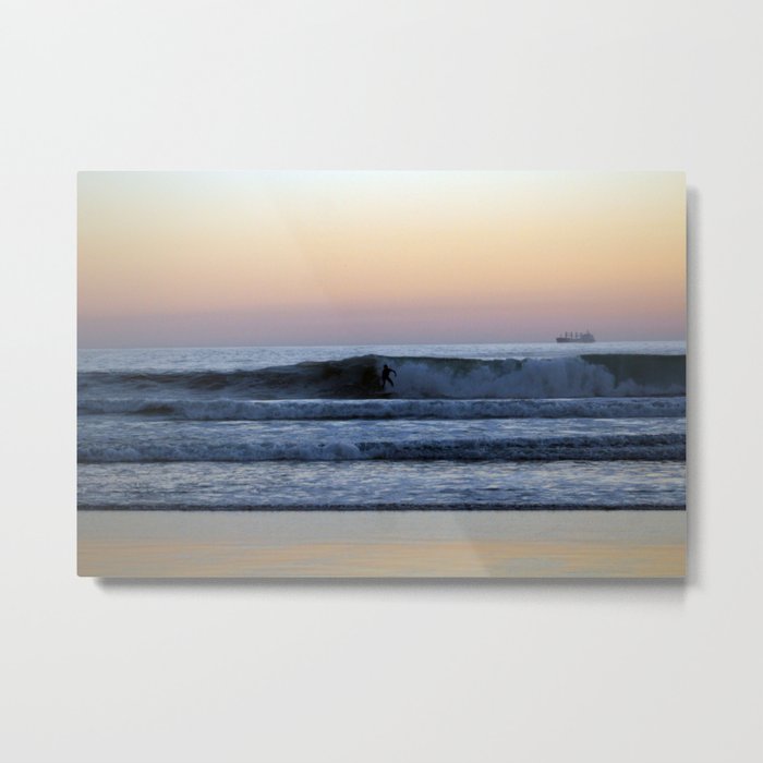 Evening Seascape with Surfer and Ship Metal Print