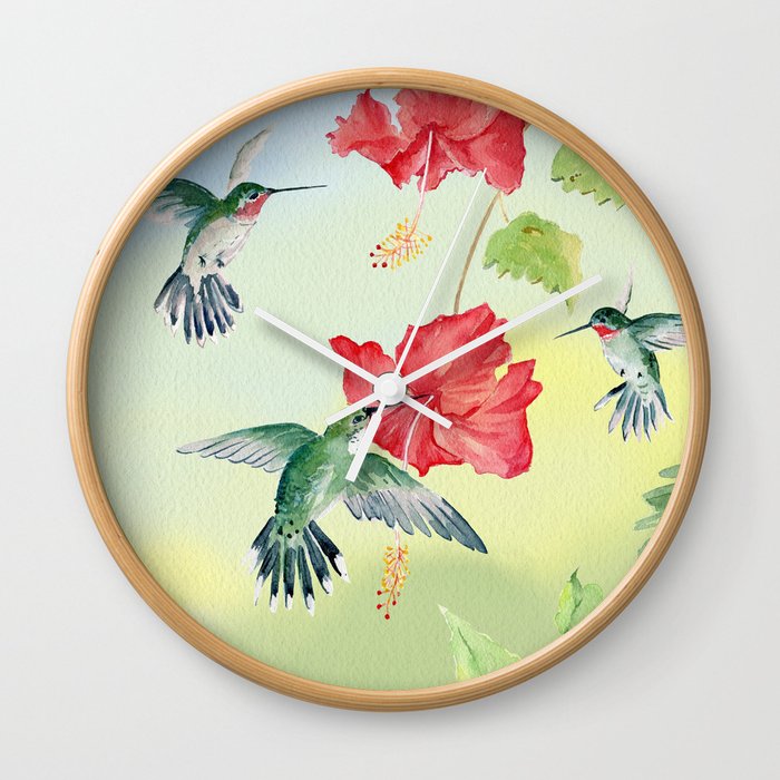 Colorful Hummingbirds and Hibiscus  Wall Clock