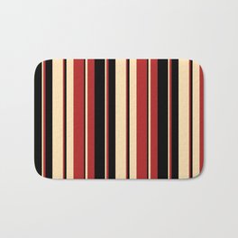 [ Thumbnail: Beige, Red, and Black Colored Striped Pattern Bath Mat ]