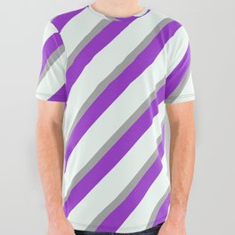 [ Thumbnail: Dark Gray, Dark Orchid, and Mint Cream Colored Lined/Striped Pattern All Over Graphic Tee ]