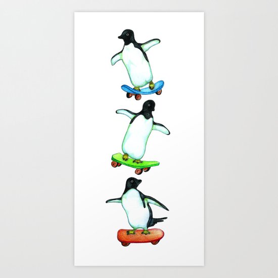 Happy Wheels - Penguins on Skateboards Art Print