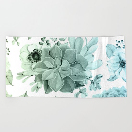 Simply Succulent Garden in Turquoise Green Blue Gradient Beach Towel