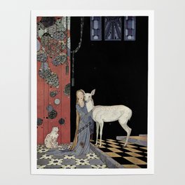 Old French Fairytales Adorable Girl, Cat and Fawn Deer Virginia Frances Sterrett Reproduction Poster