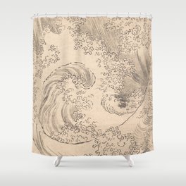 Wave by Katsushika Hokusai 1760–1849 Japanese Woodblock Allover Pattern Black and Tan Ink Drawing Shower Curtain