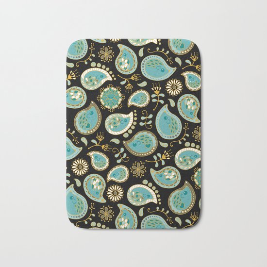 Hedgehog Paisley_Teal BgBlack Bath Mat