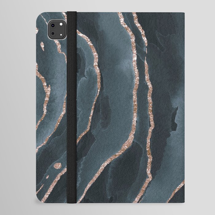 Watercolor Blue Gray And Gold Glitter Liquid Marble Abstract Pattern iPad Folio Case