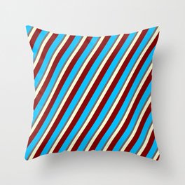 [ Thumbnail: Eyecatching Sky Blue, Dim Grey, Light Yellow, Maroon, and Deep Sky Blue Colored Lined Pattern Throw Pillow ]