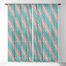 [ Thumbnail: Dark Cyan & Salmon Colored Stripes Pattern Sheer Curtain ]