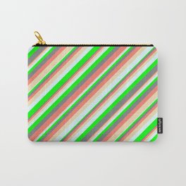 [ Thumbnail: Vibrant Gray, Salmon, Tan, Light Cyan & Lime Colored Striped Pattern Carry-All Pouch ]
