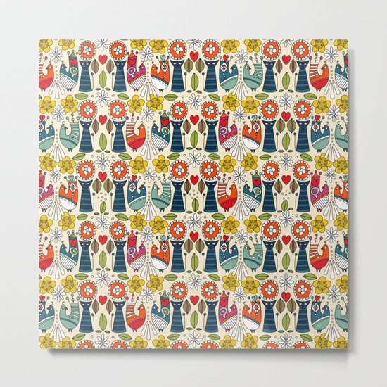 Swedish folksy cats and birds Metal Print