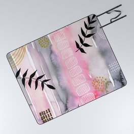 Grey Pink Black and Gold Abstract Painting Picnic Blanket