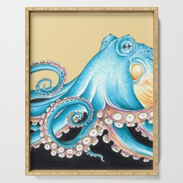 Blue Octopus on Yellow Ink Art Nautical Marine Serving Tray