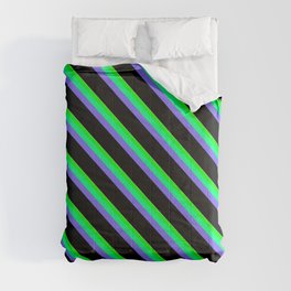[ Thumbnail: Eye-catching Tan, Lime, Green, Medium Slate Blue & Black Colored Striped/Lined Pattern Comforter ]