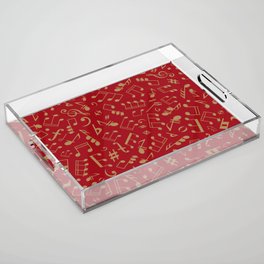 Gold Musical Notation Pattern on Christmas Red Acrylic Tray