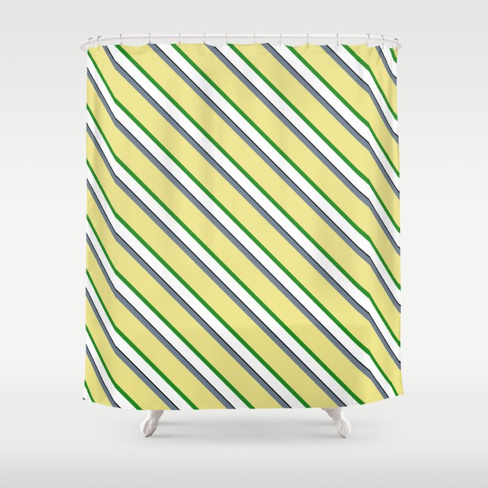 Eye-catching Slate Gray, Tan, Forest Green, White, and Black Colored Lined Pattern Shower Curtain