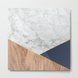 Geometric White Marble - Wood & Navy #599 Metal Print