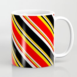 [ Thumbnail: Yellow, Red, Mint Cream, and Black Colored Pattern of Stripes Coffee Mug ]