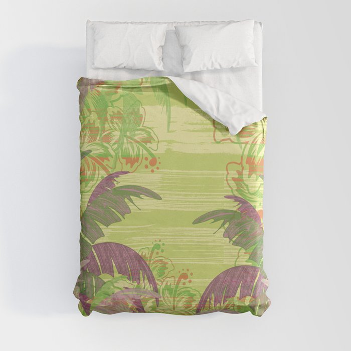 Polynesian Palm Trees And Hibiscus Green Jungle Abstract Duvet Cover