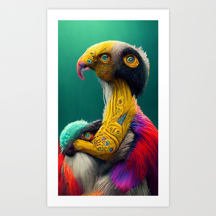 A fantasy portrait of an unusual bird in a fairy-tale elfin forest. Fabulous flower garden and cute fantasy birds. Concept of a colorful magic bird. Art Print