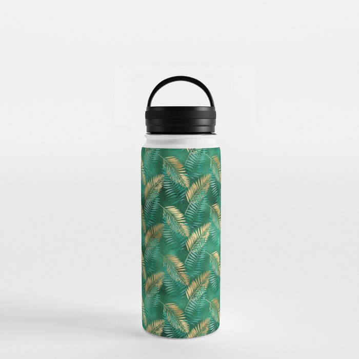 Gold Green Metallic Palm Leaves Pattern Water Bottle