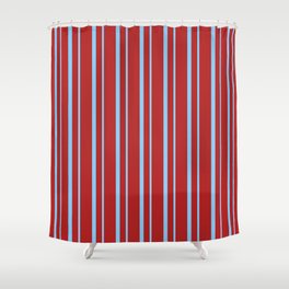 [ Thumbnail: Red & Light Sky Blue Colored Striped/Lined Pattern Shower Curtain ]