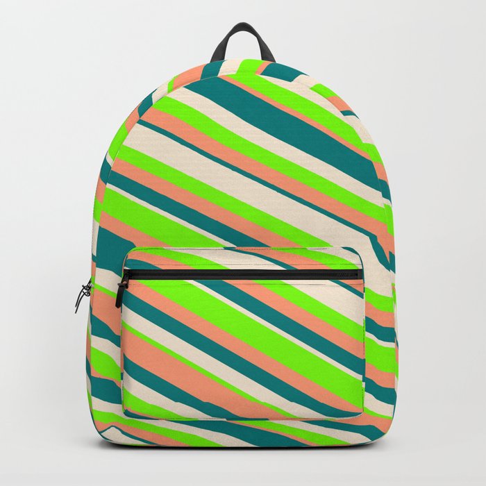 Beige, Chartreuse, Light Salmon, and Teal Colored Lines Pattern Backpack