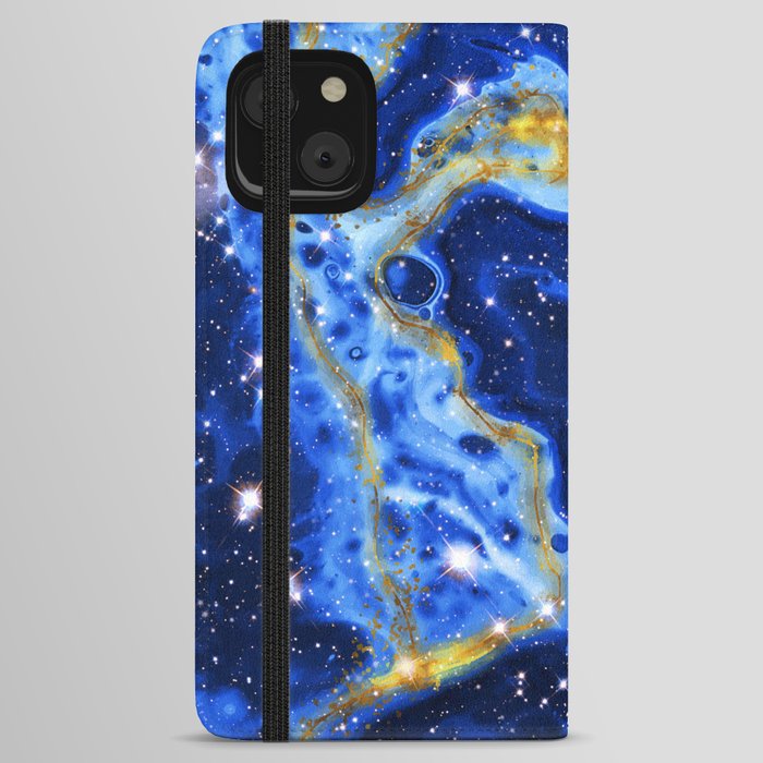 Neon marble space #4: blue, gold, stars iPhone Wallet Case