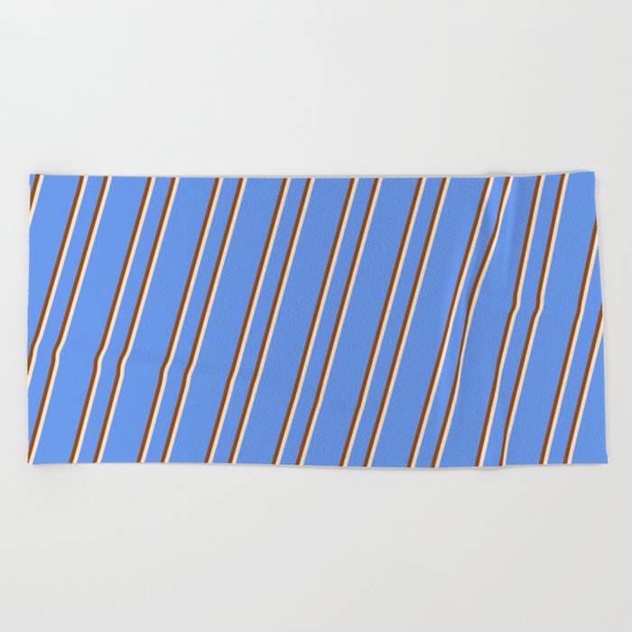 Cornflower Blue, Brown, and Bisque Colored Lines Pattern Beach Towel