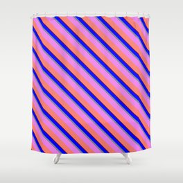 [ Thumbnail: Colorful Blue, Light Slate Gray, Violet, Salmon, and Maroon Colored Lines Pattern Shower Curtain ]