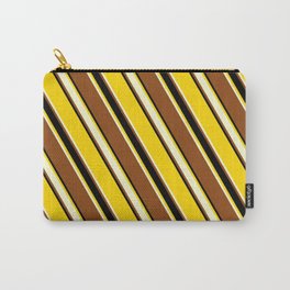 [ Thumbnail: Yellow, Light Yellow, Brown & Black Colored Stripes Pattern Carry-All Pouch ]