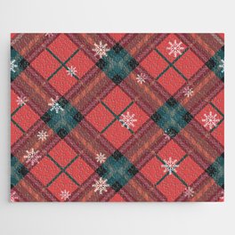 Christmas Winter Snowflakes Red Buffalo Plaid Check Pattern Jigsaw Puzzle